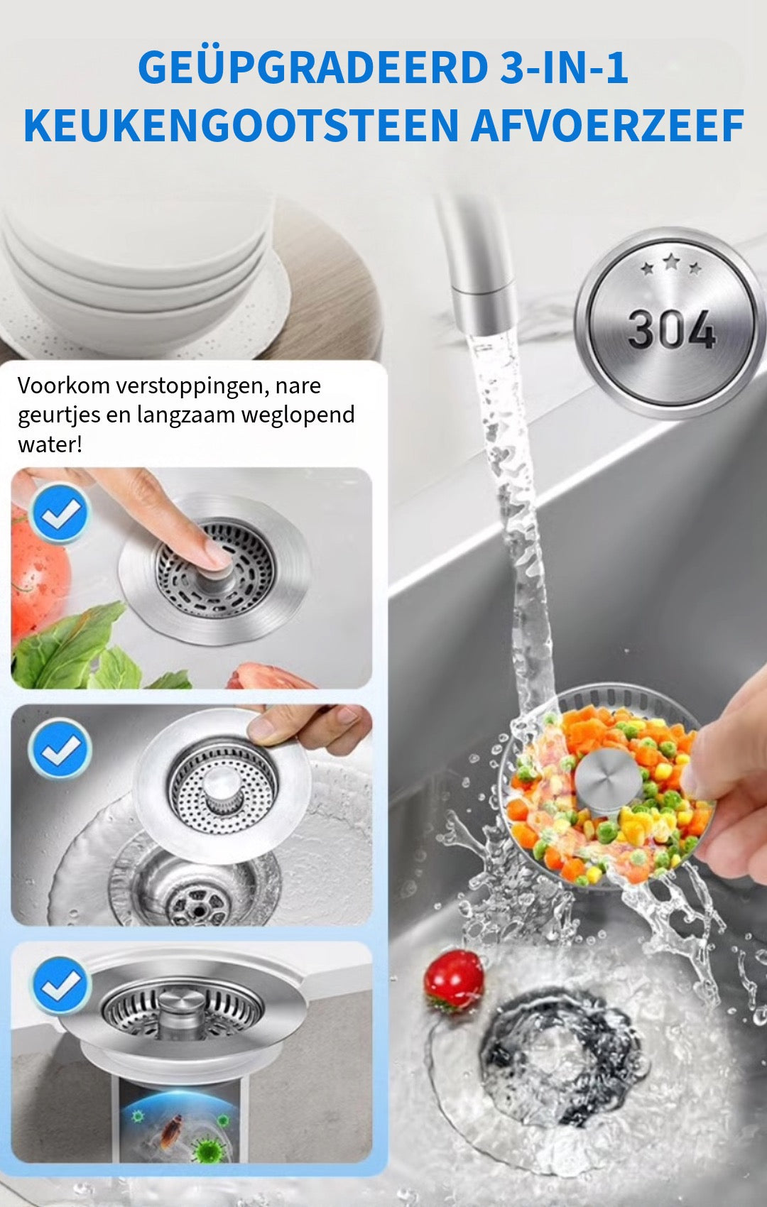 3-in-1 Keukengootsteen Afvoerzeef