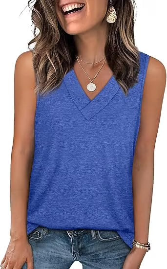 Dames Mouwloze V-hals Top – afslankend, losvallend en casual T-shirt