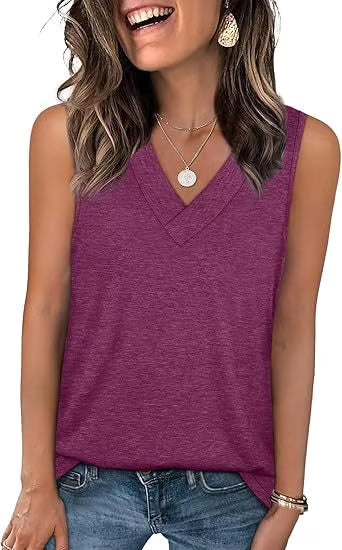 Dames Mouwloze V-hals Top – afslankend, losvallend en casual T-shirt