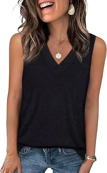 Dames Mouwloze V-hals Top – afslankend, losvallend en casual T-shirt