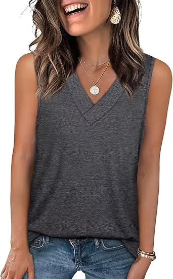 Dames Mouwloze V-hals Top – afslankend, losvallend en casual T-shirt