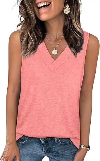 Dames Mouwloze V-hals Top – afslankend, losvallend en casual T-shirt