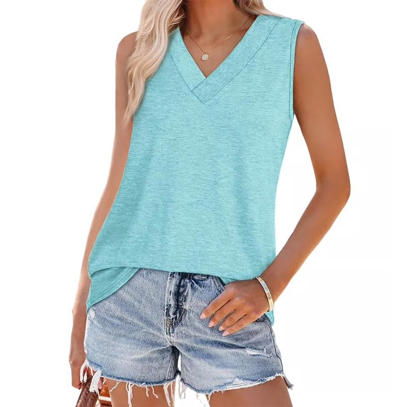 Dames Mouwloze V-hals Top – afslankend, losvallend en casual T-shirt